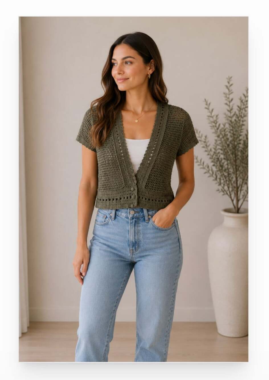 MICHAEL Michael Kors Shrug Sweater Womens M Green Crochet Open Knit Short Sleeve